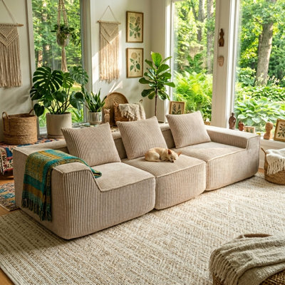 Canapé modulaire rembourré en velours côtelé avec 3 coussins 111 po Boneless