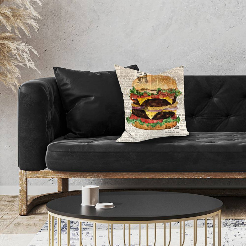 Vintage style all dressed double cheeseburger - 18"x18" Throw pillow - Poly twill - Print on demand, 18"H x 18"W