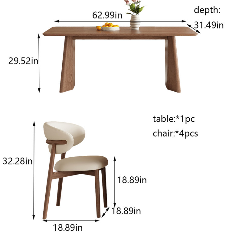Combinaison de chaises de table en bois massif de style ancien, H 29,52 po x L 62,99 po x l 31,49 po