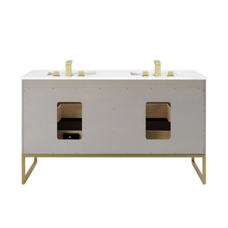 Markham 60'' W Double Vanity, Cashmere Gray, White Quartz, Satin Brass