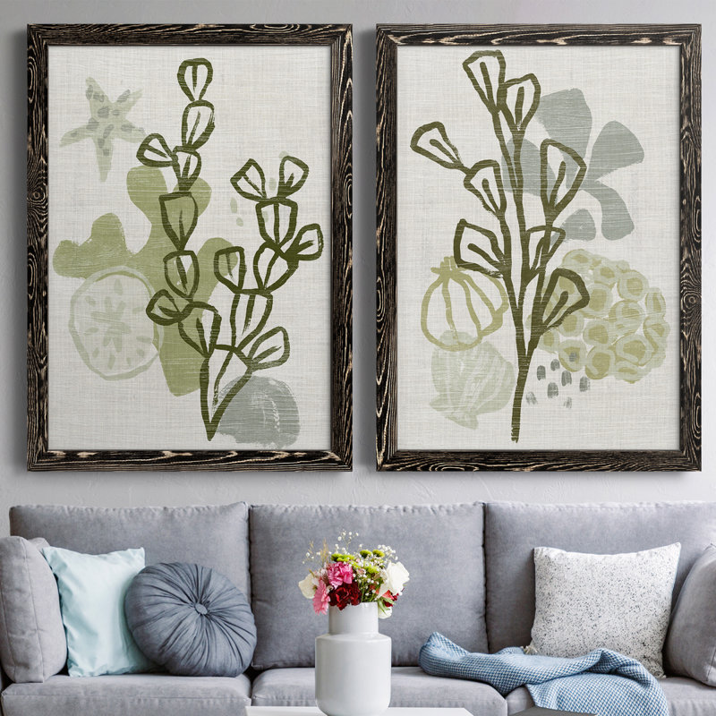 Coral Blockprint I - ensemble de 2 peintures encadrées, Toile encadrée noire, H 37,5 po x l 55 po x P 1,5 po