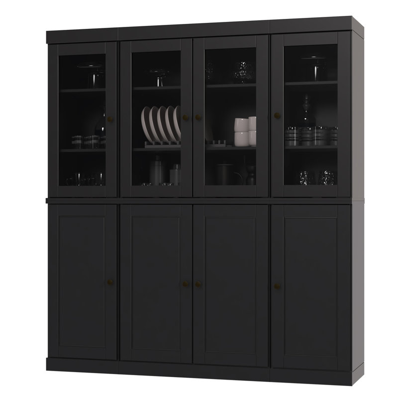 Grande armoire de cuisine en bois massif avec portes en verre Lodman, Noir