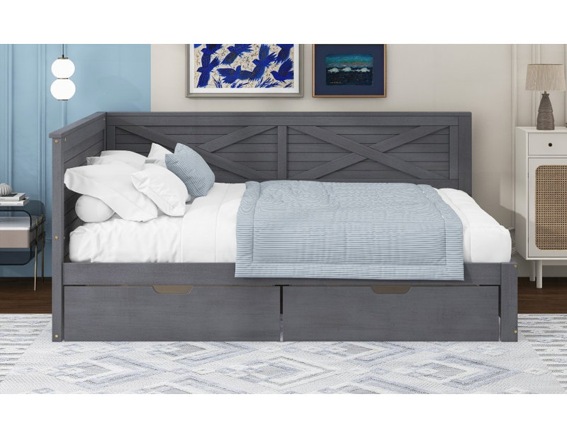 Lit de jour simple en bois avec 2 tiroirs Garde-corps rustique - aucun sommier requis, robuste et robuste Durable, Gris