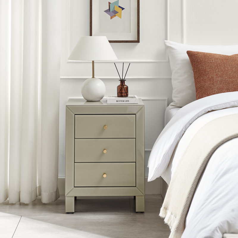 Mackynsie Mirrored Bedside Cabinet With 3 Drawers - Modern Luxury Bedside Table Nightstand, Taupe