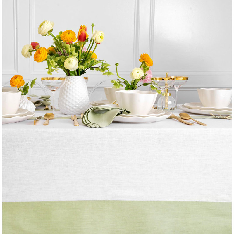 Contempo - 100% Pure Linen Tablecloth, Sage Green/White, 144" x 60"