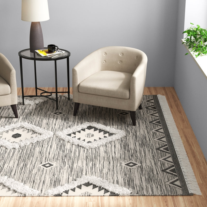 Alimatou Hand Knotted Wool/Cotton Southwestern Rug in Black/Ivory, Rectangle 8' x 10'