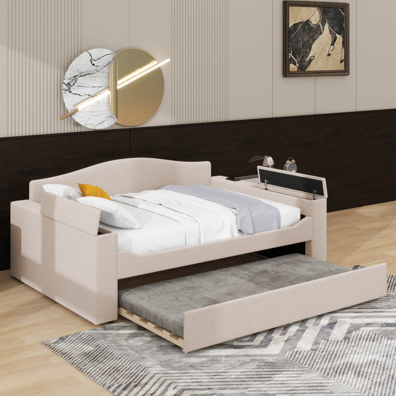 Lit de jour rembourré avec couchette, Beige, Lit double
