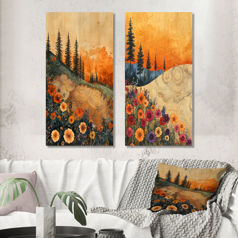 Fleurs orange orange, champ de fleurs II - collection d'art mural floral 2 pièces, H 28 po x l 25 po, Toile tendue