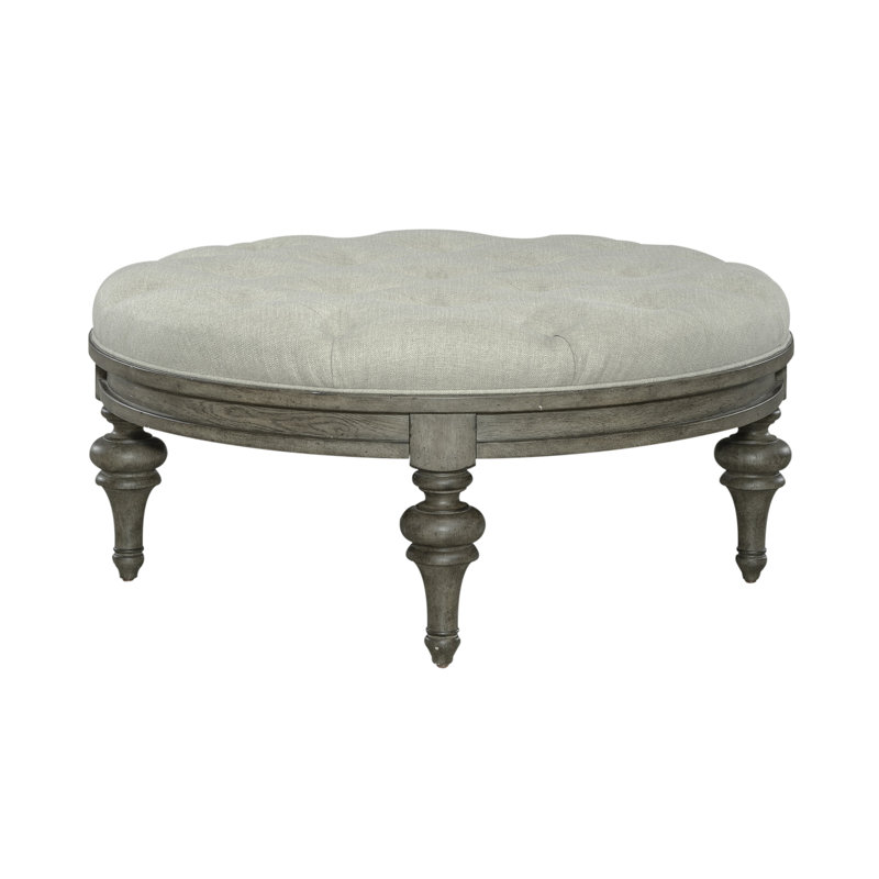 Arbrielle Tufted Round Linen Cocktail Ottoman with Wood Trim