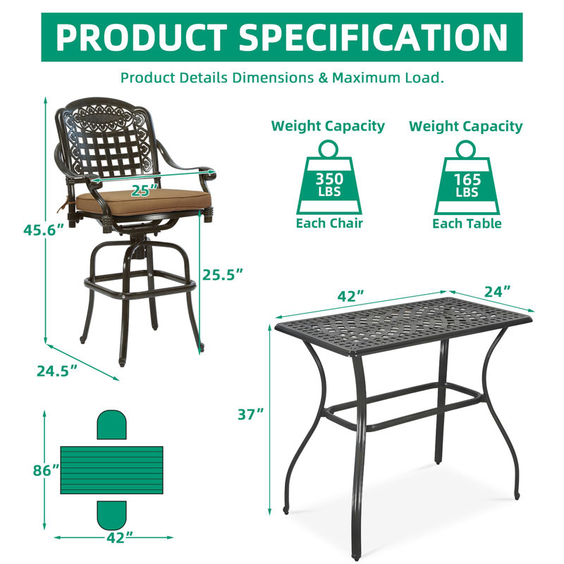 Ensemble de 3 tabourets de bar pivotants pour l'extérieur, ensemble de bistro de patio en aluminium coulé toutes saisons avec 2 chaises de bar rembourrées et une table de bar rectangulaire de 41,98 po x 23,98 po pour la terrasse, le jardin et la piscine