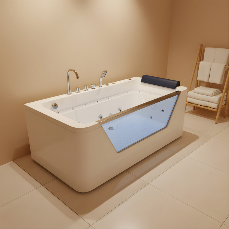 Baignoire tourbillon 67 ", baignoire à jets d'hydrothérapie avec panneau en verre, 7 jets, tablier à 3 côtés, 89 gallons, blanc