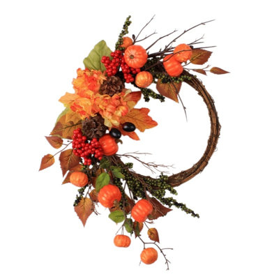 Couronne de citrouille d'automne 19,7 pouces fabriquée à la main, couronne d'automne artificielle avec feuilles d'érable, baies et pommes de pin pour la décoration de la porte d'entrée