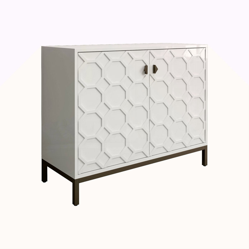 Rangement d'appoint moderne avec finition lustrée blanc moderne de 31,88 po de hauteur avec tablettes et revêtement métallique doré