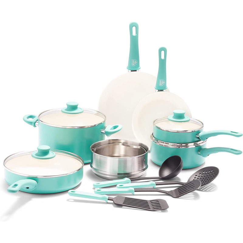 Turquoise 15-Piece Aluminum Nonstick Cookware Set with Glass Lids