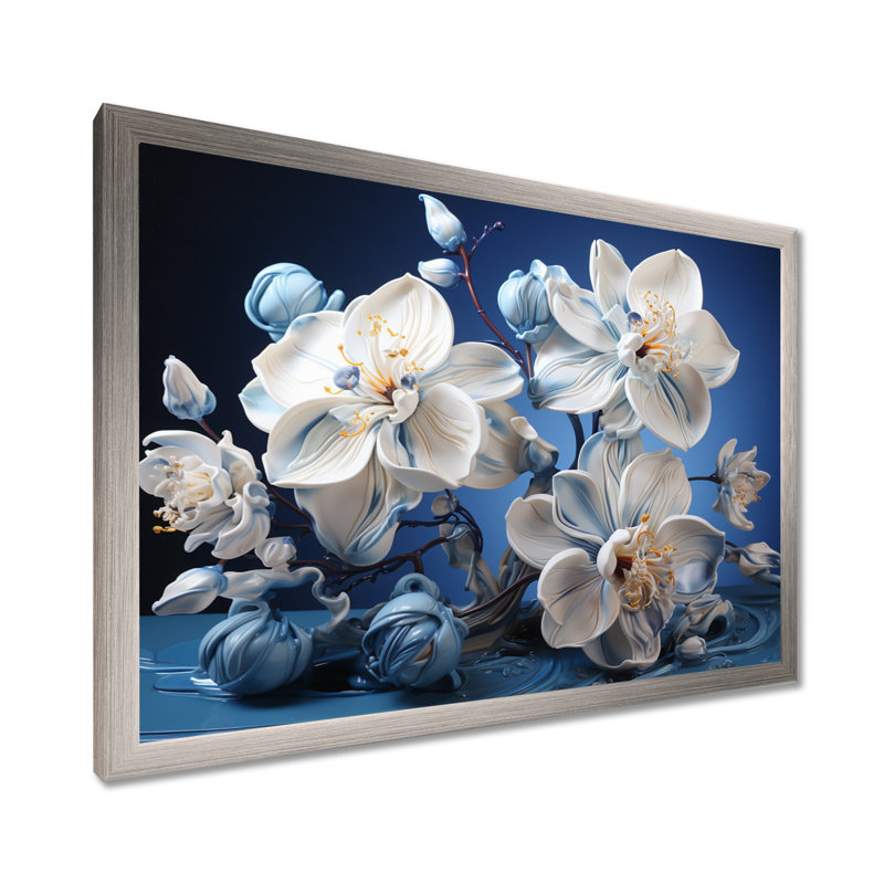 Orchidées blanches et bleues de sérénité - art mural orchidée, Cadre simple argenté, H 12 po x l 20 po x P 1 po