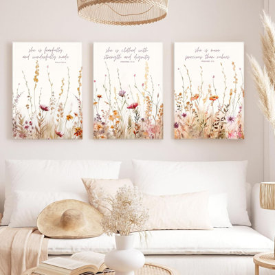 3Pcs Christian Nursery Canvas Wall Art Bible Verse Floral Pictures Wall Decor Boho Wildflower Nursery Posters Vintage Flower Scripture Painting Prints Artwork For Girls Room Living Room Bedroom