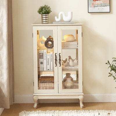 American Retro Style Glass Curio Cabinet With Curved Legs, Large Drawers And Metal Handles For Classic Display And Ample Storage Needs