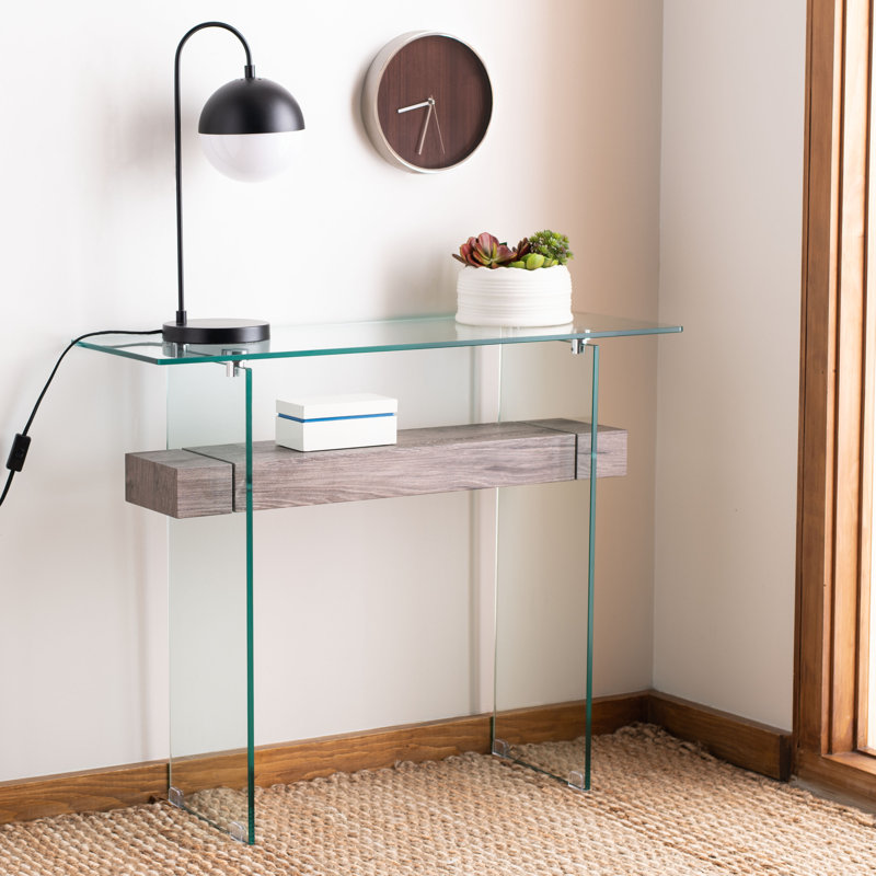 Kayley 39.4'' Glass Top Console Table, Gray Oak