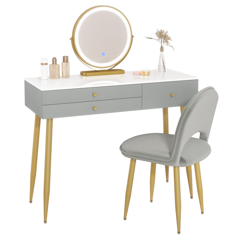 Etchemin Dressing Table with Mirror, Grey/Gold