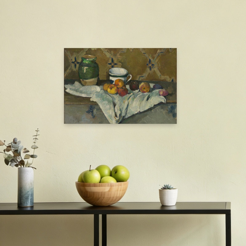 Nature morte au pot, à la tasse et aux pommes, vers 1877. Estampe d'art mural abstrait contemporain., H 12 po x l 18 po