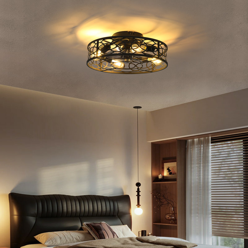 19.60'' Farmhouse Caged Ceiling Fan with Light Kit and Remote Control,Embedded Modern Industrial Ceiling Fan,Flush Mount Low Profile Fandelier for Bedroom,Dining Living Room(4 Bulbs Included)