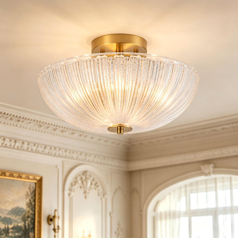 Abbate 3 - Light Bowl Ribbed Glass Semi Flush Mount Ceiling Light