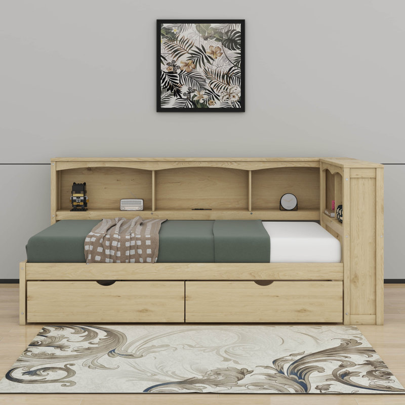 Lit de jour simple avec tiroirs, armoires et ports USB, Bois