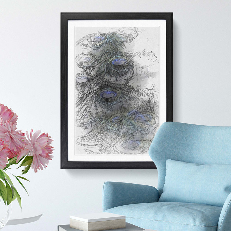 The Feathers of a Peacock in Abstract - Picture Frame Graphic Art Print, 87cm H x 62cm W x 2cm D, Black Framed