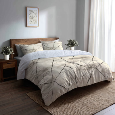 Ensemble de literie moderne 3 pièces - Ensemble de housse de couette et de coussins noirs Quiet Lines