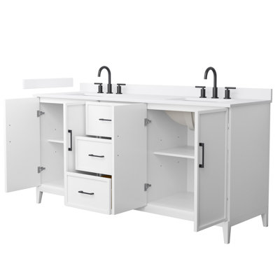 Meuble-lavabo double 72 po Elan en blanc, comptoir en marbre de culture blanc, lavabos carrés encastrés (3 trous), garniture noir mat