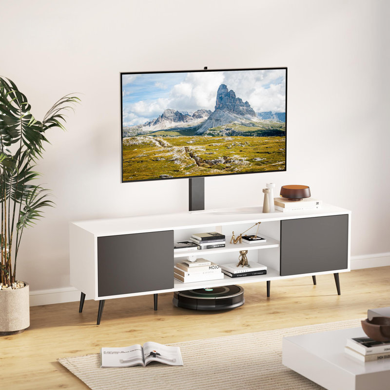 Meuble télé avec support pivotant pour téléviseur de 70 po ou moins avec lumières DEL et prises de courant, hauteur réglable, blanc