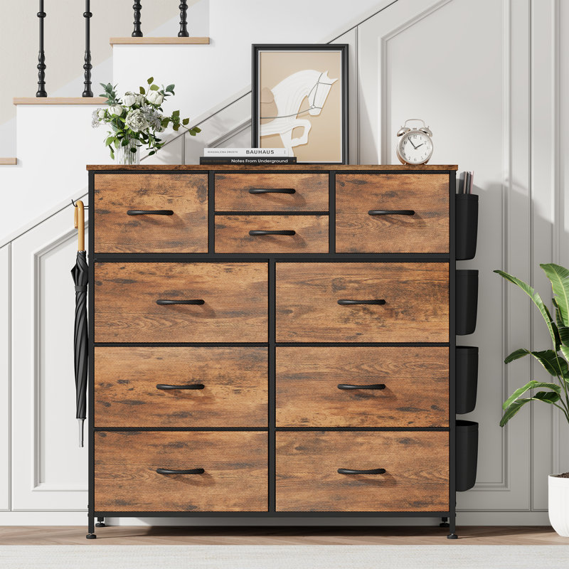 Sienna-Marie 10-Drawer Dresser for Bedroom with Side Pockets & Hooks, Wide Chest of Drawers with Fabric Bins & Metal Frame, Storage Organizer for Closet, Living Room, Dorm, Rustic Wood Top