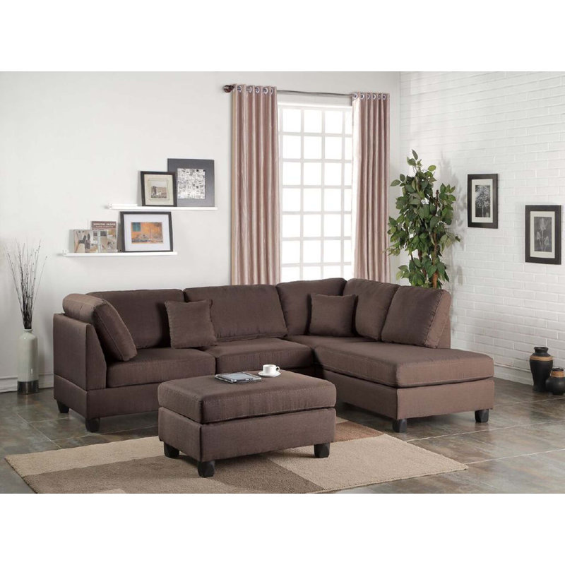 3 pièces Canapé modulaire réversible avec repose-pieds et repose-pieds, Tissu chocolat