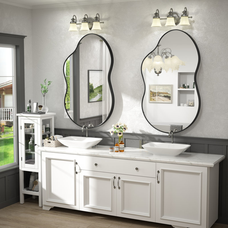 Amara Irregular Tempered Glass and Aluminum Alloy Framed French Cleat Mounted Wall Mirror, 40" x 24", Matte Black