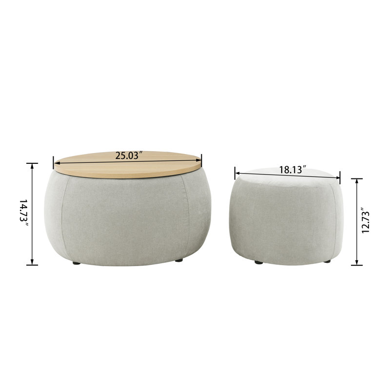 Ensemble de tabouret de rangement moderne en tissu, comprend tabouret rond + tabouret de rangement, Gris