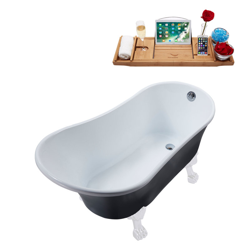 63" Streamline Clawfoot Soaking Acrylic Bathtub With Drain, Clawfeet, and Bamboo Tray, Polished Chrome, Glossy White