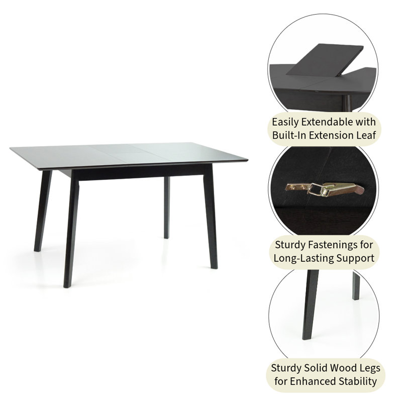 5 Piece Dining Table Set, Extendable Rectangular Dining Table w 4 Classic Style Solid Wood Upholstered Chairs, Black