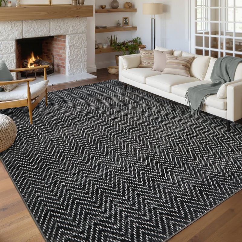 Très grand tapis lavable rayé sans bordure 9 pi x 12 pi à motif de chevrons, Gris foncé, Rectangle 9' x 12