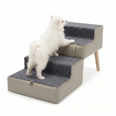 15.6"H 2-in-1 Foldable Wooden Dog Stairs & Ottoman, Non-Slip Pet Steps for Couch, Bed & Vehicle– Light Grey