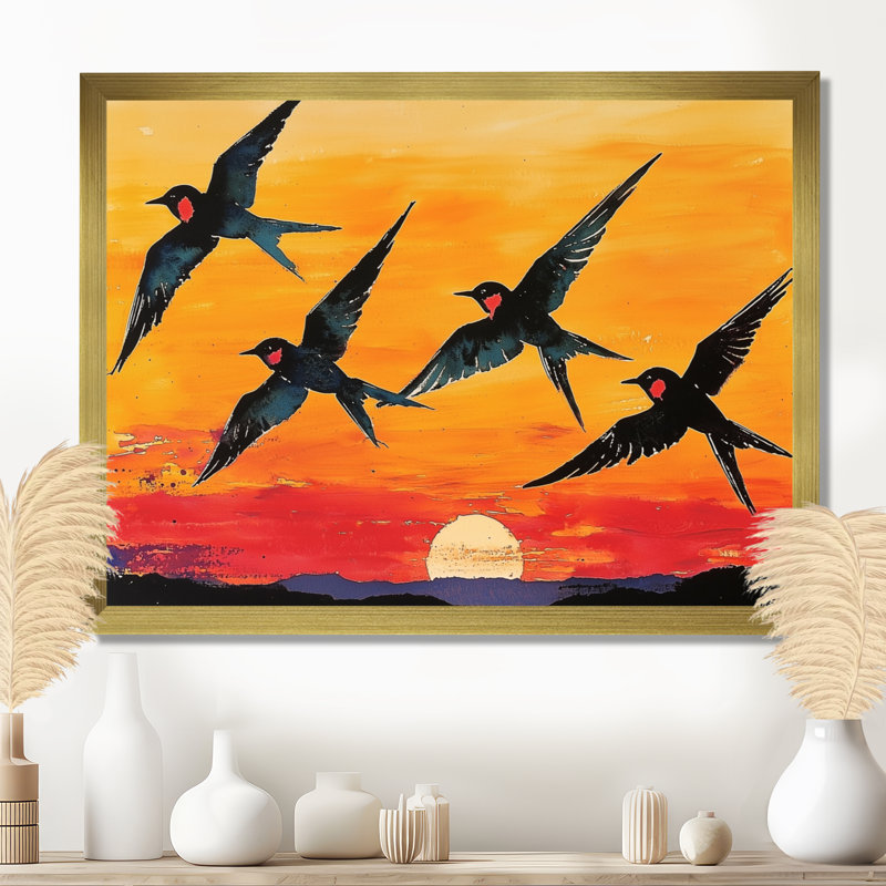 Swallows at Sunset - oiseau, art mural, H 12 po x l 20 po, Cadre simple, Doré