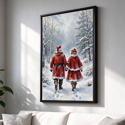 Christmas Santa and Mrs Claus Walking Hand in Hand, Framed Canvas Wall Art, Black Frame, 16 x 24 Inch