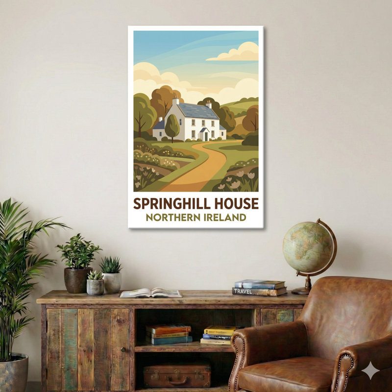 Springhill House, Northern Ireland - Romantic Country House Escape Travel Poster. Giclee Print on Wrapped Canvas. Wall Art, Home Decor - Castles & Palaces, Northern Ireland 1 Piece Wrapped Canvas Wall Art