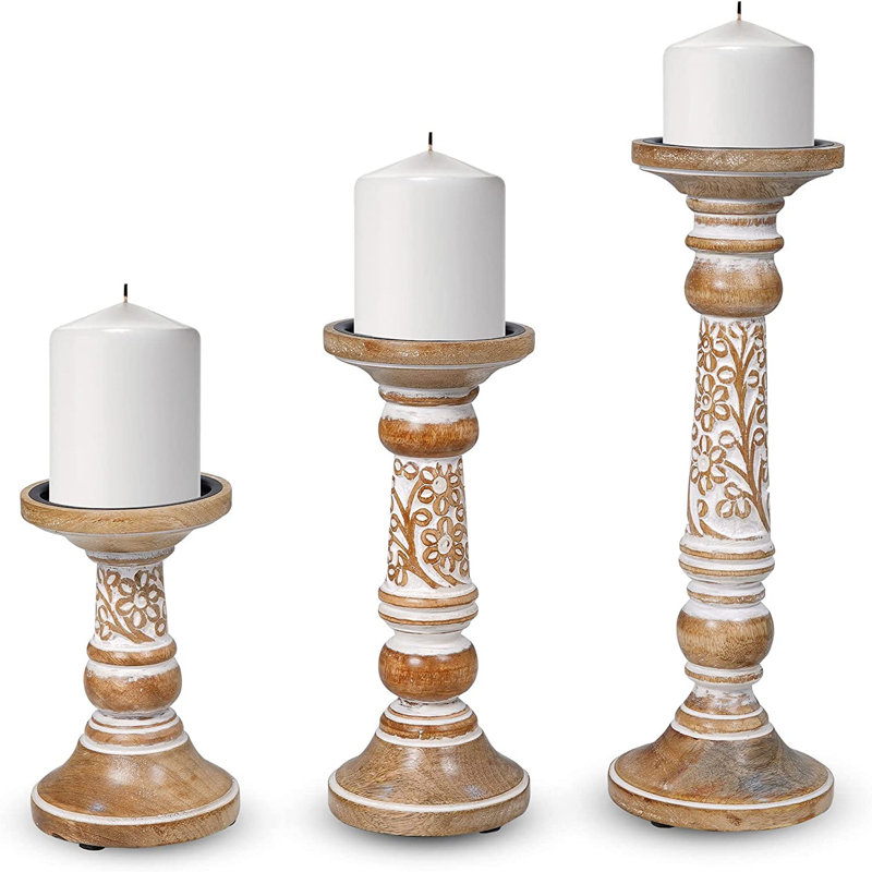 LuxeDesigns Hand-Carved Wood Pillar Candle Holders – Set (3) (6", 8", 10") – Ivory White Finish with Floral Carvings