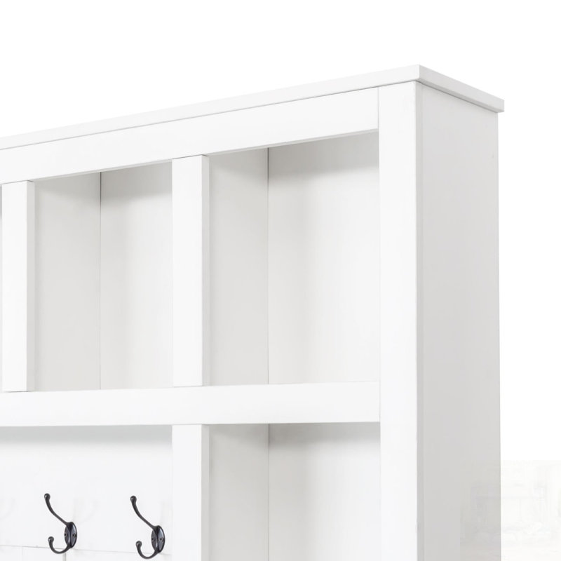 Farmhouse Wooden Hall Tree With 6 Hooks, Adjustable Shelves, And Storage Bench For Entryway And Mudroom, White/Dark Walnut
