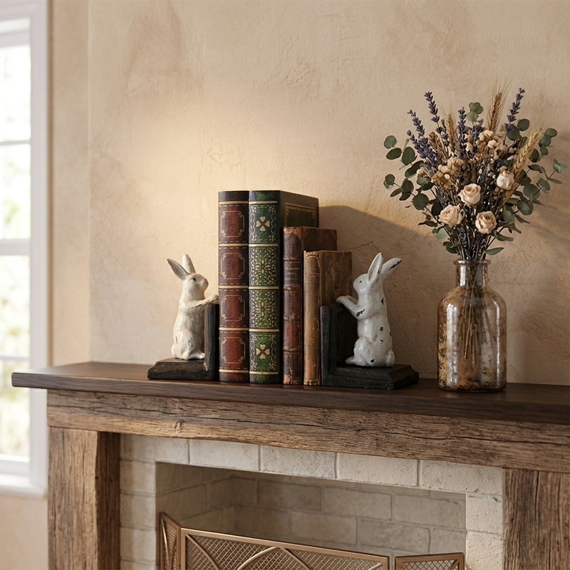 Ensemble de 2 serre-livres Vintage Lapin - résine blanche patinée avec base en fonte lourde, décor rustique