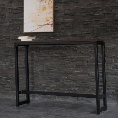 Contemporary Industrial Minimalist Table For Bar/Cocktails, Elongated Structure Saves Space In Multiple Rooms, Dark Brown Wood Finish, Metal Legs, 35.8" H X 55.1" W 11.8" D, Some Assembly Needed