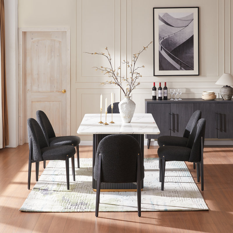 Faux Marble Double Pedestal Dining Set For 6, Black, 7 Pieces: Table, 6 Chairs