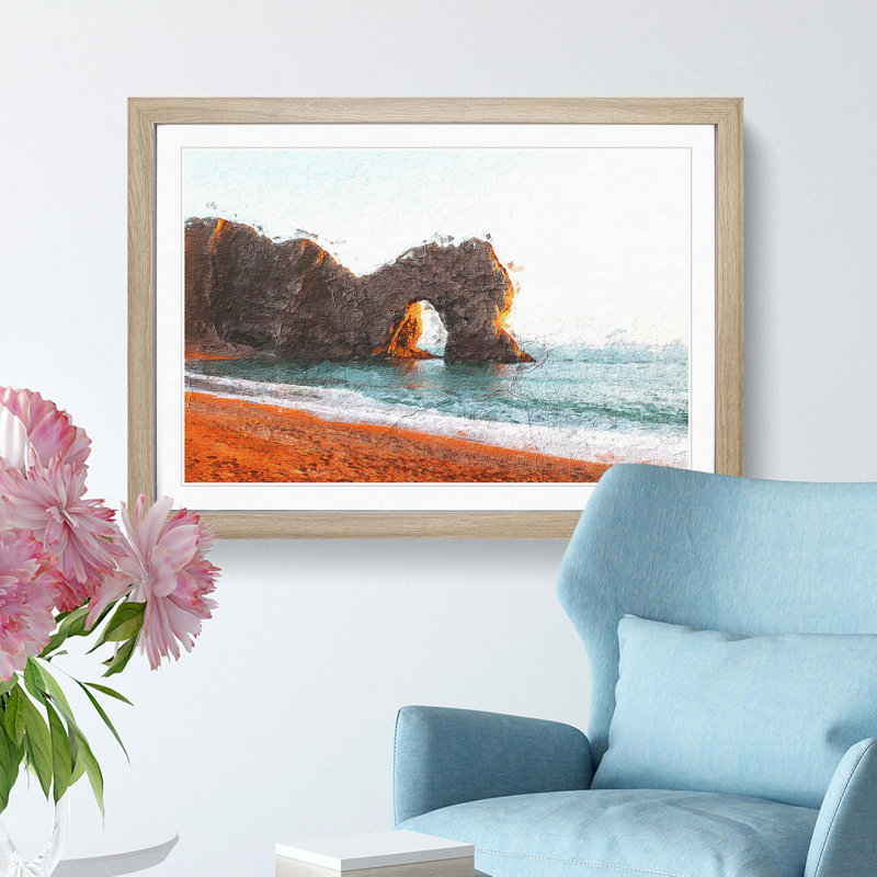 Durdle Door Cliffs at Sunset - Picture Frame Painting Print, 27cm H x 36cm W x 2cm D, Oak Framed