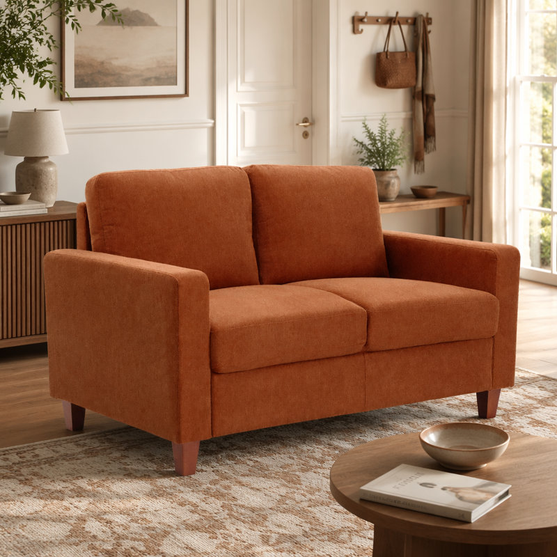 Causeuse 2 places Mid-Century moderne avec coussins en mousse haute densité, Orange Polyester
