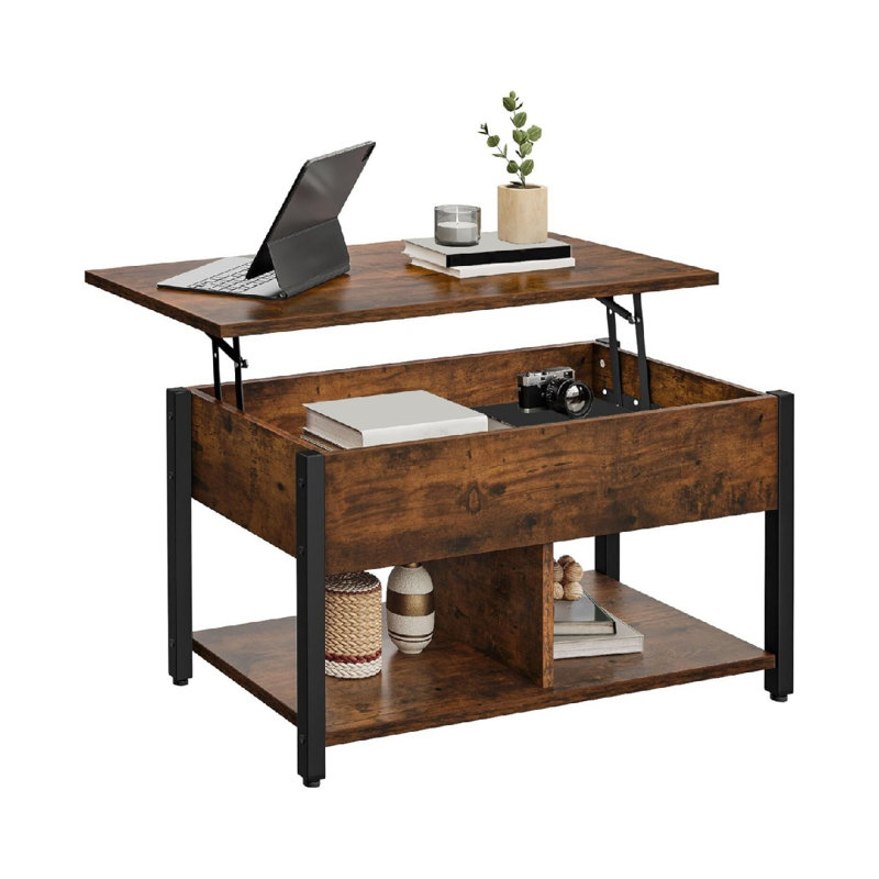 Table basse à plateau relevable, tables basses avec grand rangement caché en bois, table basse relevable pour salon, bureau, brun rustique